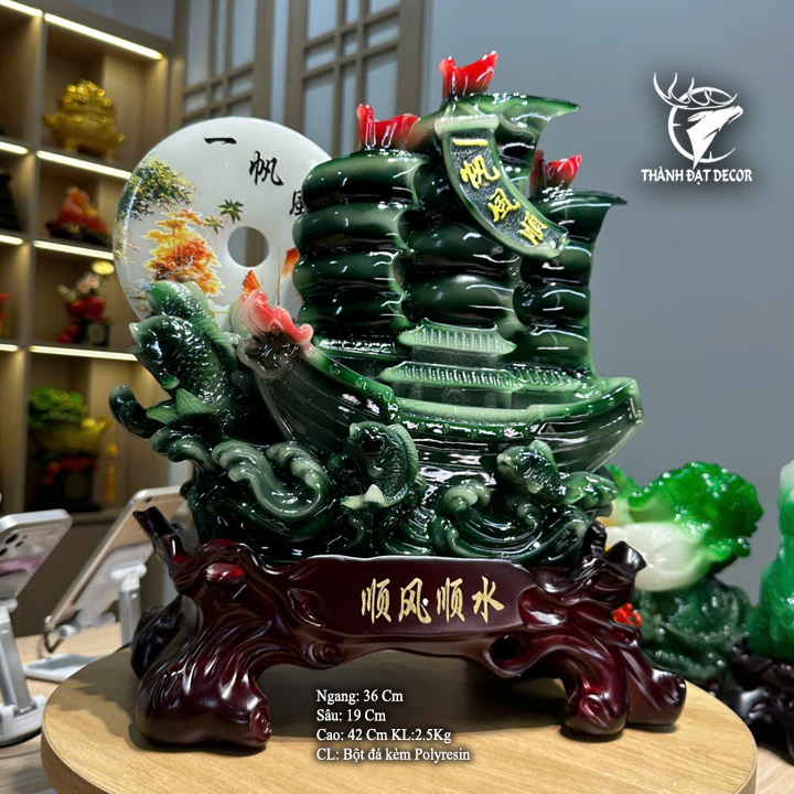 Tượng Thuyền Thuận Buồm Xuôi Gió Ngọc Xanh 36x19x42cm, Decor Phong Thủy, Quà Tặng Khai Trương Tân Gia