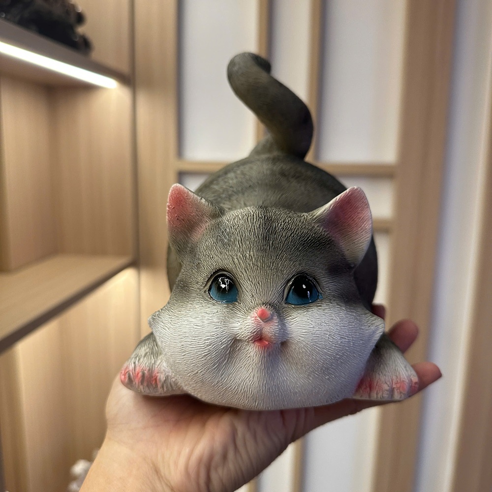 Tượng con mèo vàng mèo xám bột đá đúc trang trí, quà tặng tuổi mão decor tân gia khai trương sinh nhật