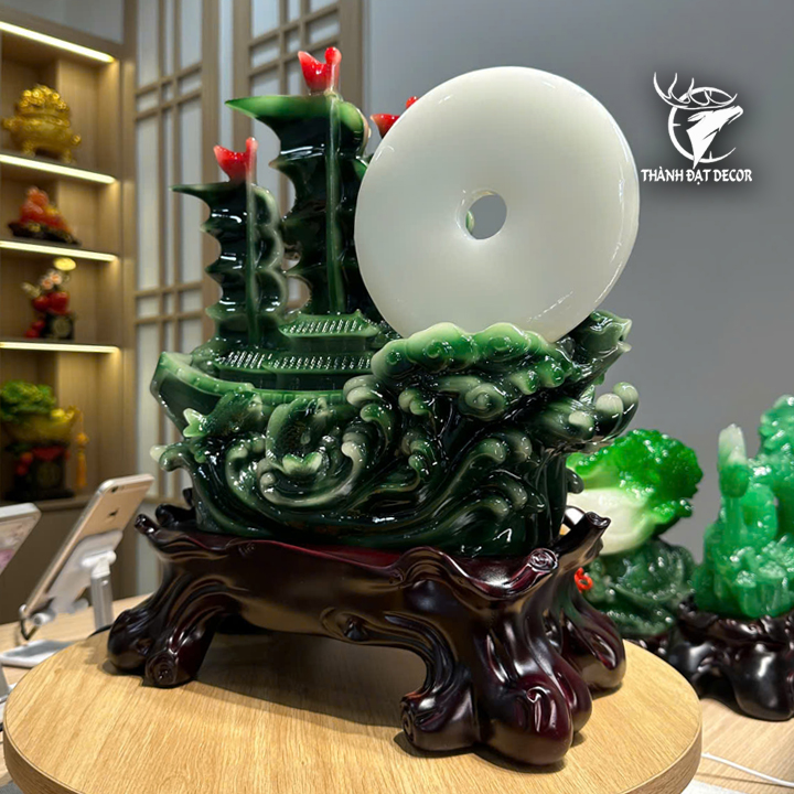Tượng Thuyền Thuận Buồm Xuôi Gió Ngọc Xanh 36x19x42cm, Decor Phong Thủy, Quà Tặng Khai Trương Tân Gia