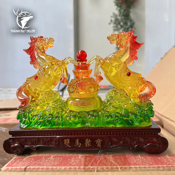 Tượng Phong Thủy Song Mã Tụ Bảo Lưu Ly – Biểu Tượng Thành Công, Chiêu Tài Đón Lộc Decor Quà Tặng Tân Gia Khai Trương