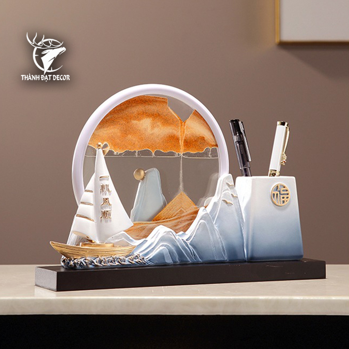 Tượng Thuyền Thuận Buồm Xuôi Gió Kèm Hộp Đựng Bút, Tranh Cát Decor Quà Tặng Tân Gia Khai Trương Sinh Nhật