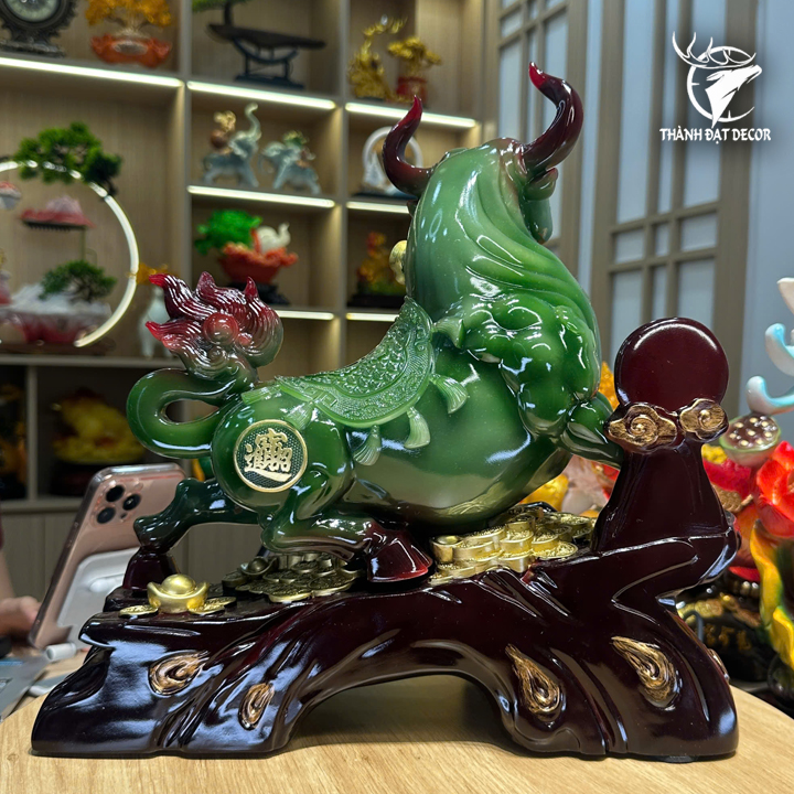 Tượng Trâu Xanh Ngọc Chiêu Tài 35x14x33cm - 3Kg, Decor Phong Thuỷ tuổi Sửu, quà tặng tân gia khai trương