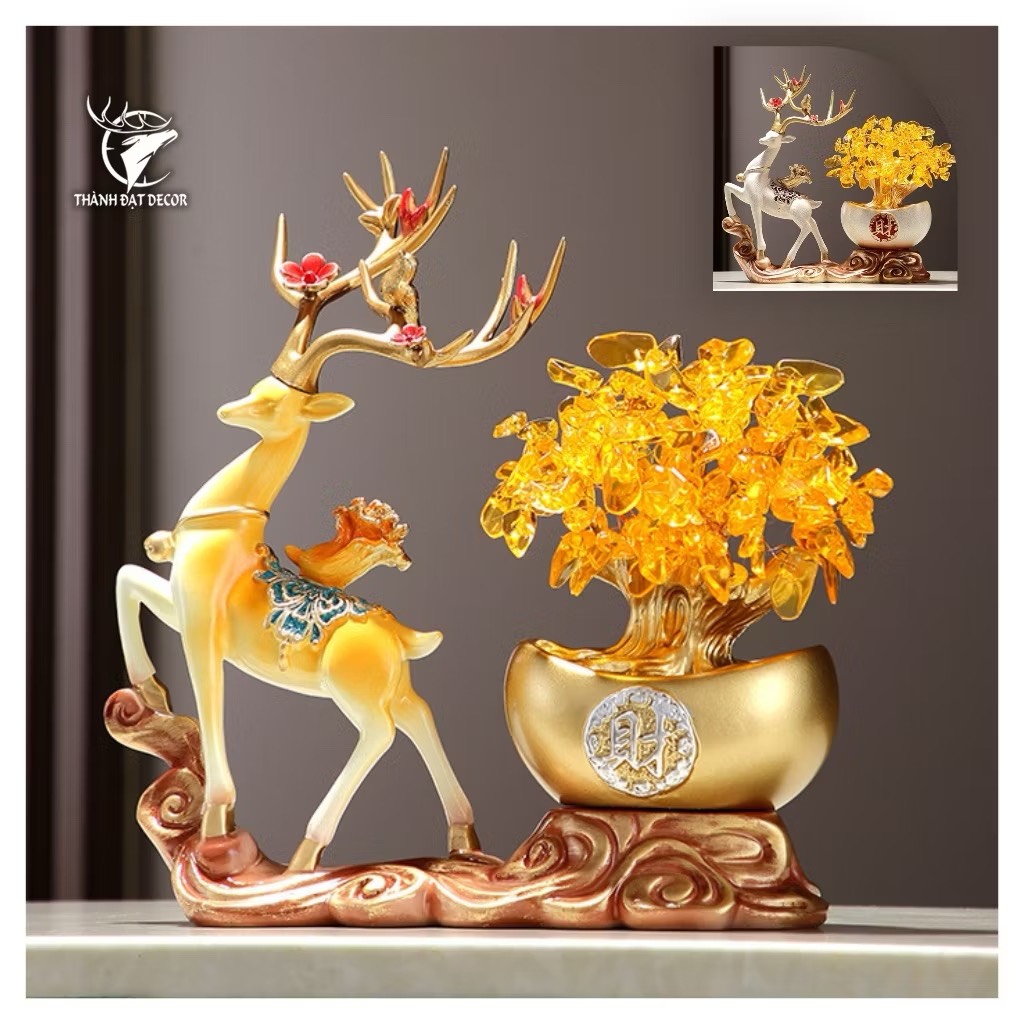 Tượng Hươu Kéo Cây Tài Lộc Tiền Vàng Phong Thủy, Tượng Decor Quà Tặng Tân Gia Khai Trương Sinh Nhật