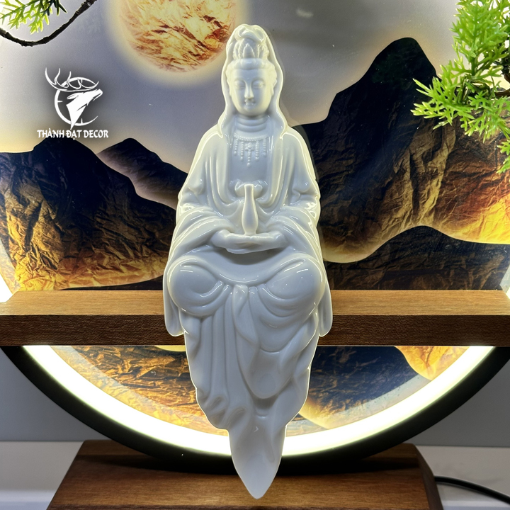Tượng Phật Bà Quan Thế Âm Bồ Tát Gốm Sứ Trắng Size 20 , Decor Kệ Đèn Phong Thủy Thờ Cúng, Thiền Định