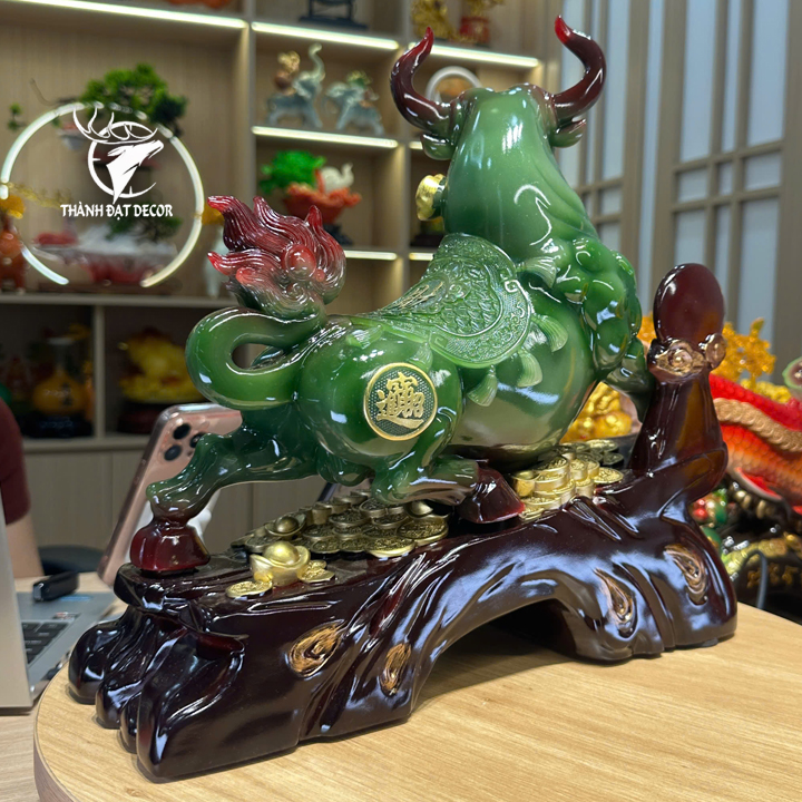 Tượng Trâu Xanh Ngọc Chiêu Tài 35x14x33cm - 3Kg, Decor Phong Thuỷ tuổi Sửu, quà tặng tân gia khai trương