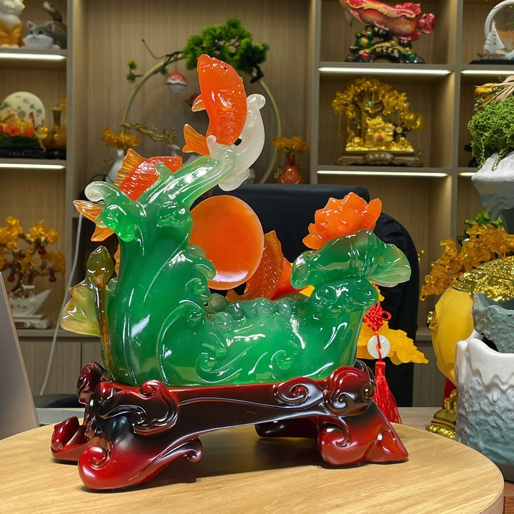 Tượng Cá Chép Hoa Sen Phú Quý 26x13x31, Trang Trí Sang Trọng Quà Tặng Tân Gia Khai Trương Sinh Nhật
