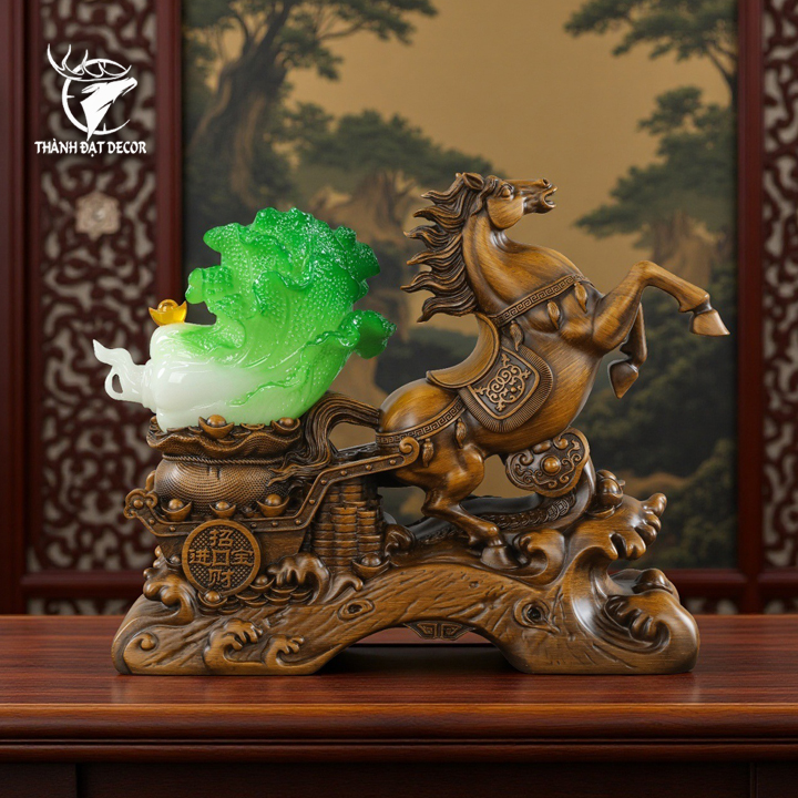 Tượng Ngựa Màu Gỗ kéo bắp cải phong thủy 33x11x26cm, Quà Tặng Decor Tân Gia Khai Trương Sinh Nhật