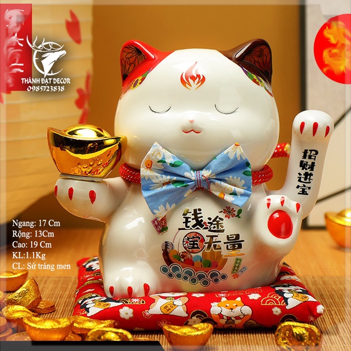 Tượng sứ cao cấp Mèo thần tài Nhật Bản Maneki-Neko Size 13x17x19Cm Mèo may mắn, Quà Tặng Tân Gia, Khai Trương Sinh Nhật