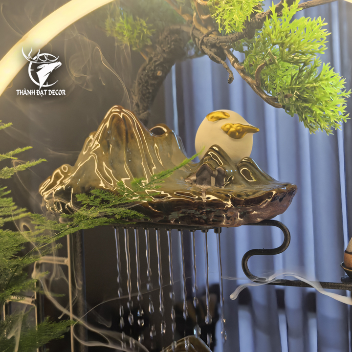 Thác Nước Phong Thủy Di Lặc Gốm Sứ Có Đèn, Tạo Sương, Đốt Trầm, decor Tặng Tân Gia Khai Trương Spa