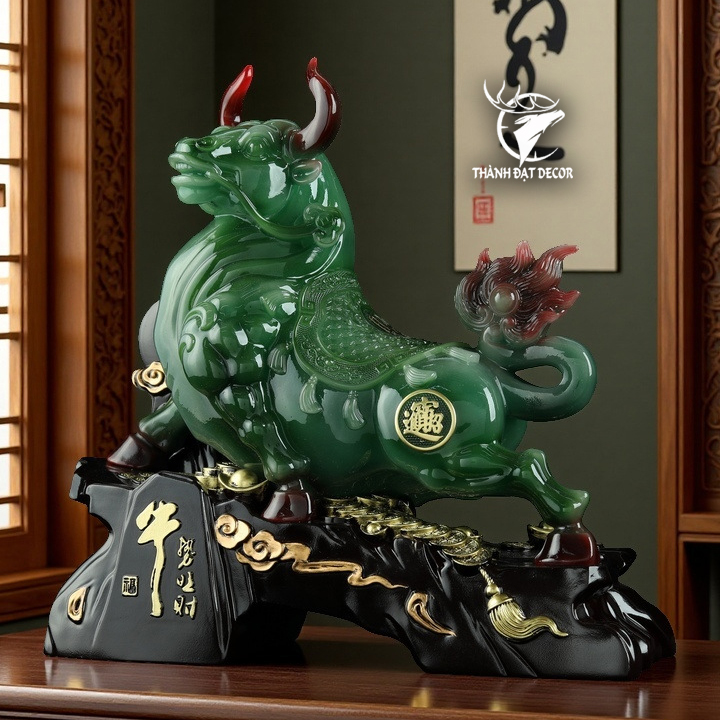 Tượng Trâu Xanh Ngọc Chiêu Tài 35x14x33cm - 3Kg, Decor Phong Thuỷ tuổi Sửu, quà tặng tân gia khai trương