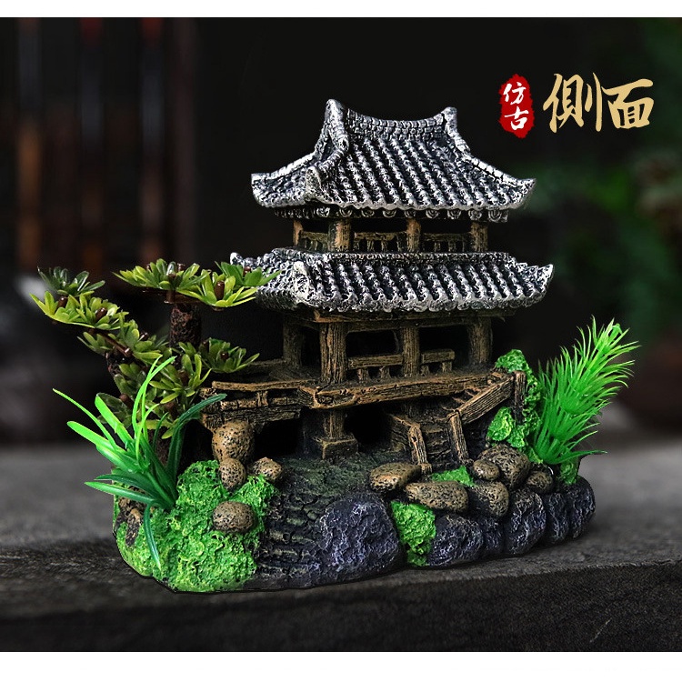 Combo Tiểu Cảnh Cây BonSai,  Mô Hình Tháp Cổ Trang Trí Bể Cá Thủy Sinh, Hòn Non Bộ