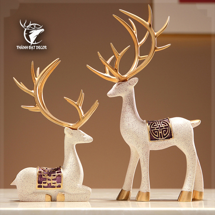 Tượng Decor Cặp Hươu Kèm Kệ Chậu Cây Lá Bách, Quà Tặng Tân Gia Khai Trương Sinh Nhật Trang Trí Nhà