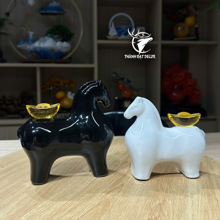 Cặp Tượng Ngựa Đen Trắng Bằng Gốm Sứ Tráng Men, Quà Tặng Decor Tân Gia Khai Trương, Sinh Nhật