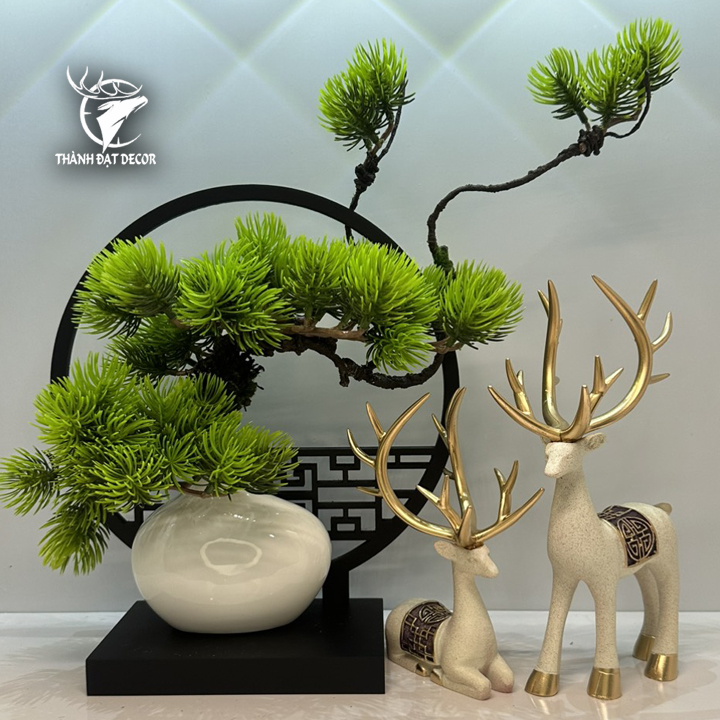 Tượng Decor Cặp Hươu Kèm Kệ Chậu Cây Lá Bách, Quà Tặng Tân Gia Khai Trương Sinh Nhật Trang Trí Nhà