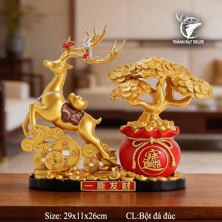 Tượng Hươu Kéo Túi Tài Lộc 29x11x26cm – Trang Trí Sang Trọng, Biểu Tượng May Mắn Và Thành Công