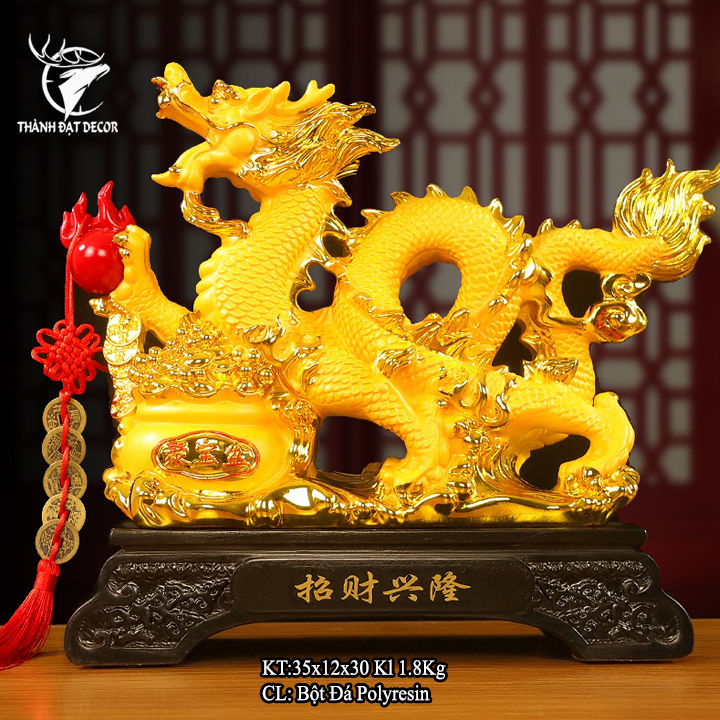 Tượng Rồng Phong Thủy 35x12x30cm Kim Sa Cát Vàng Chiêu Tài Lộc, Tuổi Thìn, Quà Tặng 12 Con Giáp