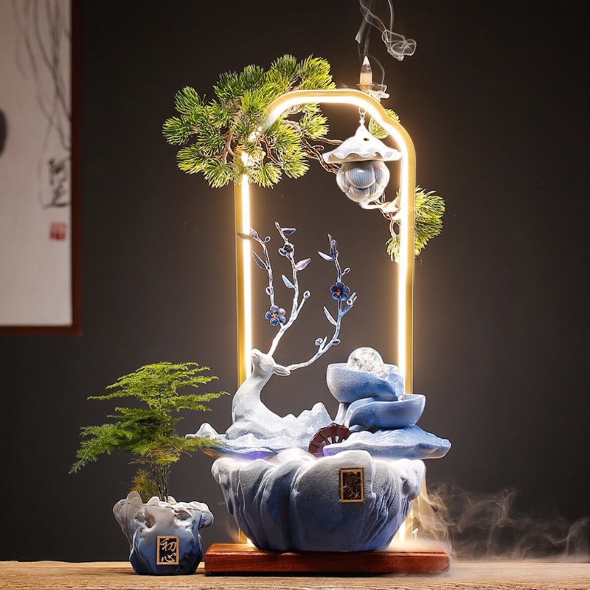 Thác nước, thác khói trầm hương phong thủy cao cấp hình hươu đèn đứng Cao 53Cm , Quà Tặng Trang Trí May Mắn,Tài lộc