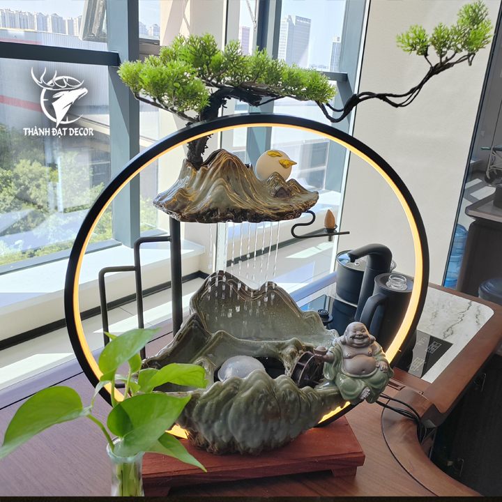 Thác Nước Phong Thủy Di Lặc Gốm Sứ Có Đèn, Tạo Sương, Đốt Trầm, decor Tặng Tân Gia Khai Trương Spa