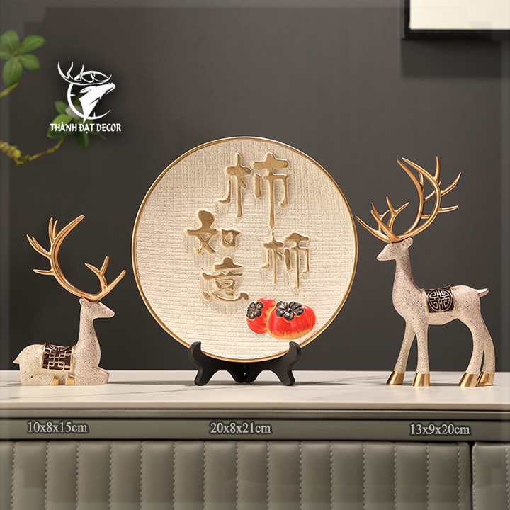 Tượng Decor Cặp Hươu Kèm Đĩa Quà Hồng Như Ý, Quà Tặng Tân Gia Khai Trương Sinh Nhật Trang Trí Nhà Cửa.