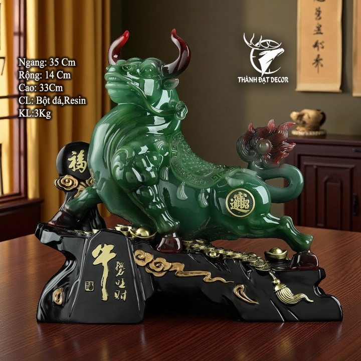Tượng Trâu Xanh Ngọc Chiêu Tài 35x14x33cm - 3Kg, Decor Phong Thuỷ tuổi Sửu, quà tặng tân gia khai trương