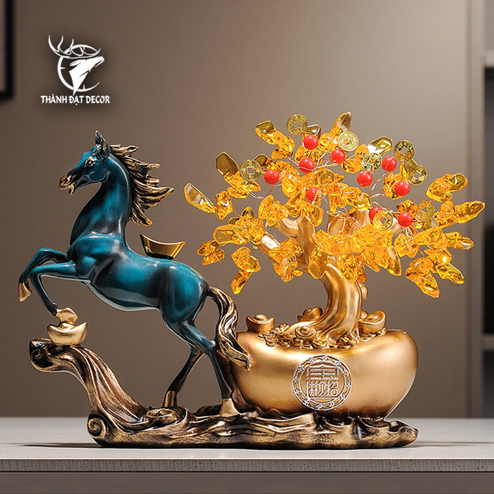 Tượng Ngựa Kéo Cây Tiền Vàng Phong Thủy Trang Trí Nhà Cửa Quà Tặng Tân Gia Khai Trương Sinh Nhật