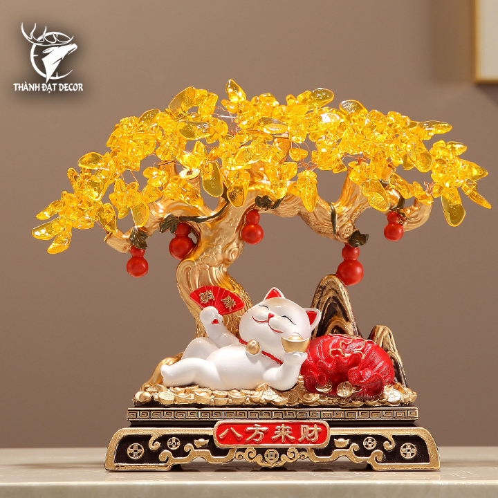 Tượng Phong Thủy Cây Tiền Mèo Tài Lộc,Decor Trang Trí Nhà Cửa Quà Tặng Tân Gia Khai Trương Sinh Nhật