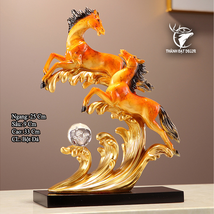Tượng Phong Thủy Song Mã Vờn Sóng Màu Cam, Quà Tặng Decor Khai Trương Tân Gia Sinh Nhật Ý Nghĩa