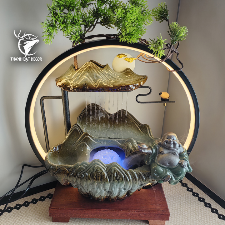 Thác Nước Phong Thủy Di Lặc Gốm Sứ Có Đèn, Tạo Sương, Đốt Trầm, decor Tặng Tân Gia Khai Trương Spa