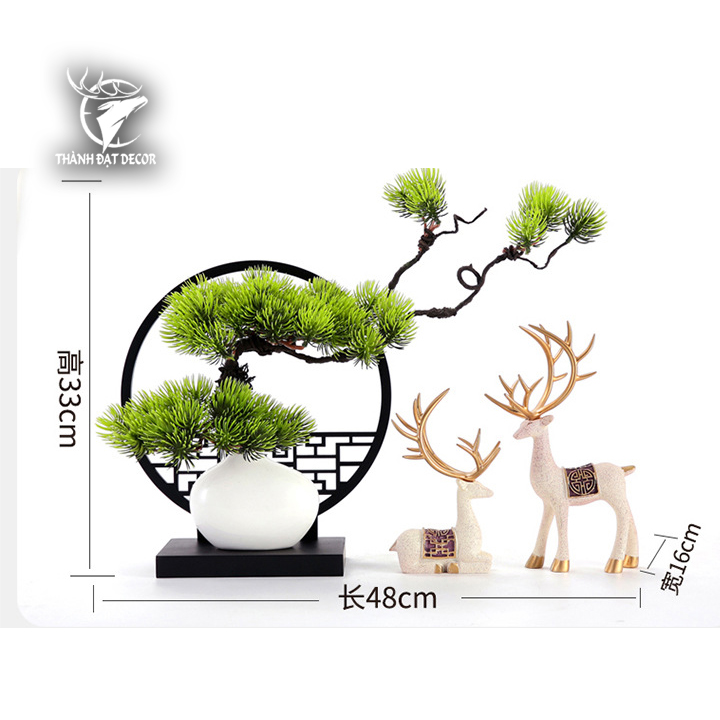 Tượng Decor Cặp Hươu Kèm Kệ Chậu Cây Lá Bách, Quà Tặng Tân Gia Khai Trương Sinh Nhật Trang Trí Nhà