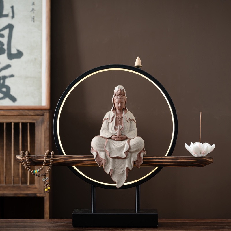 Combo kệ gỗ led kèm tượng quan âm đốt trầm decor trang trí nhà cửa, quà tặng tân gia khai trương
