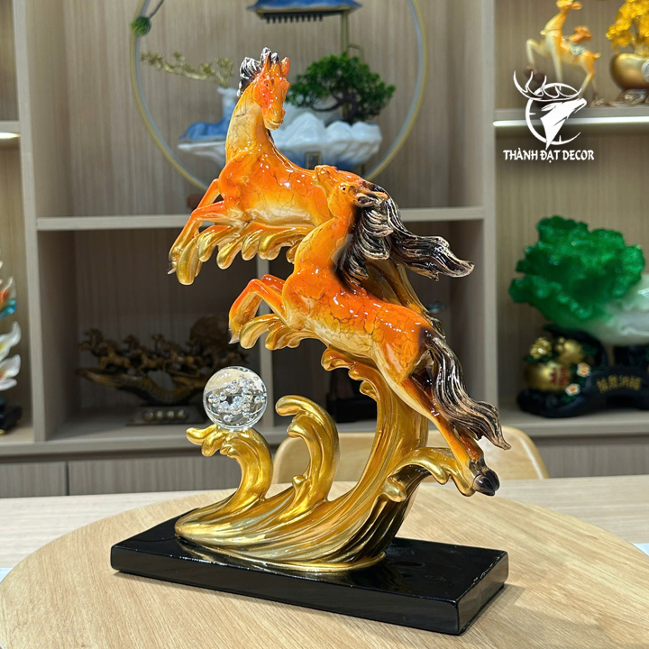 Tượng Phong Thủy Song Mã Vờn Sóng Màu Cam, Quà Tặng Decor Khai Trương Tân Gia Sinh Nhật Ý Nghĩa
