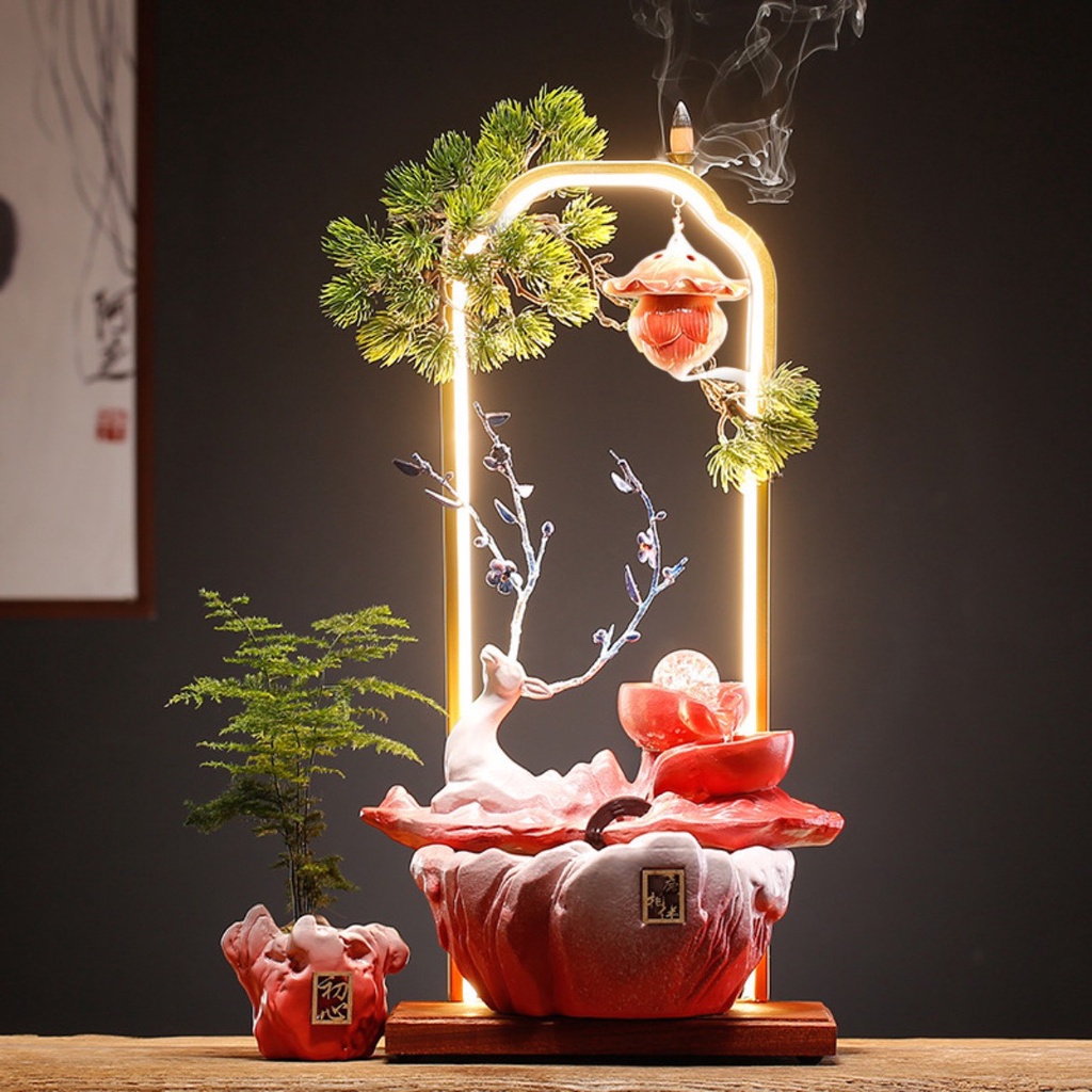 Thác nước, thác khói trầm hương phong thủy cao cấp hình hươu đèn đứng Cao 53Cm , Quà Tặng Trang Trí May Mắn,Tài lộc