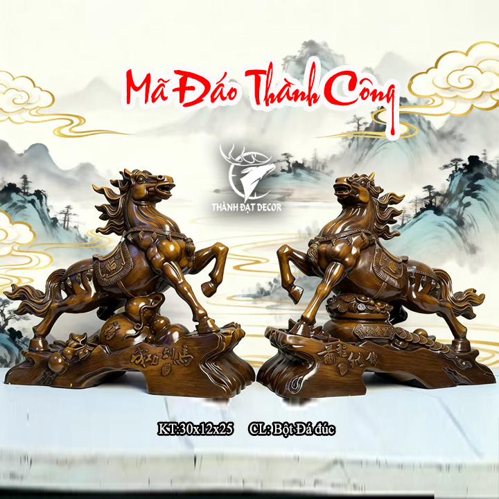 Tượng Ngựa Mã Đáo Thành Công Màu Gỗ 30x12x25cm, Quà Tặng Tuổi Ngọ Tân Gia Khai Trương, Sinh Nhật