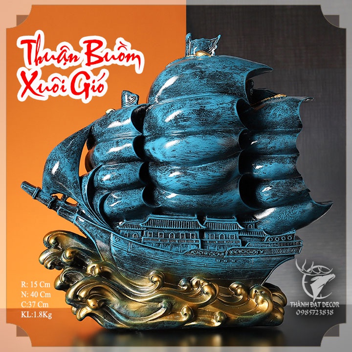 Tượng Thuyền Thuận Buồm Xuôi Gió Màu Xanh,  Vật Phẩm Phong Thủy, Quà Tặng Tân Gia , Khai Trương , Tặng Sếp, Tặng Đối Tác