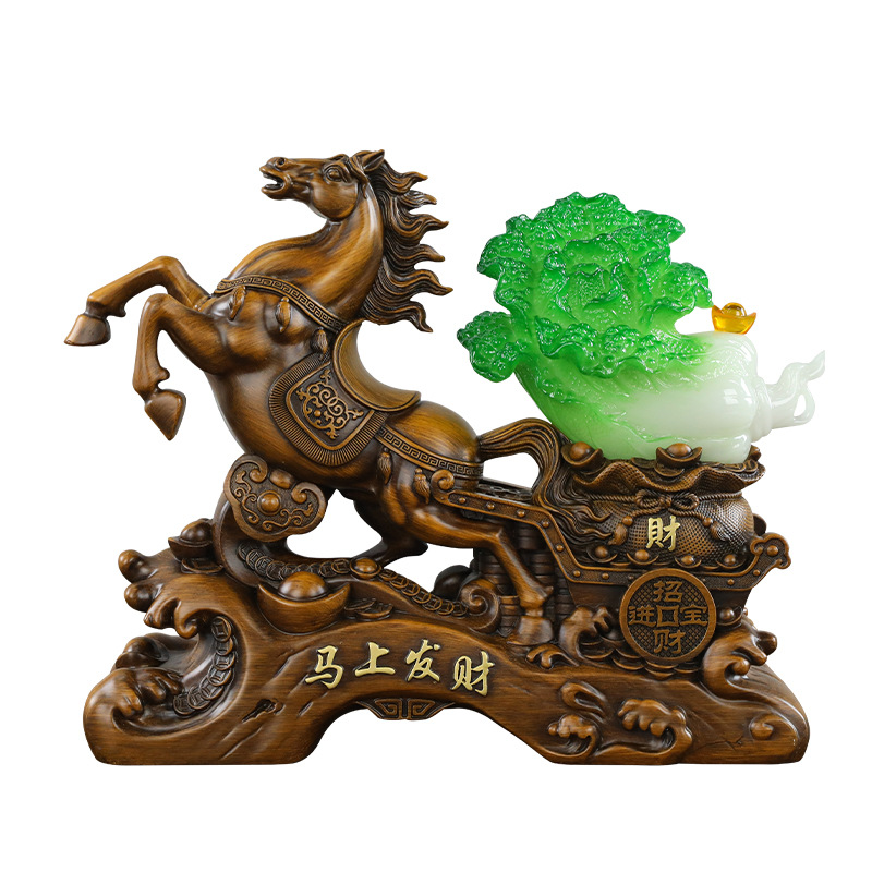 Tượng Ngựa Màu Gỗ kéo bắp cải phong thủy 33x11x26cm, Quà Tặng Decor Tân Gia Khai Trương Sinh Nhật