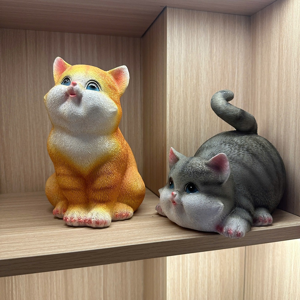 Tượng con mèo vàng mèo xám bột đá đúc trang trí, quà tặng tuổi mão decor tân gia khai trương sinh nhật