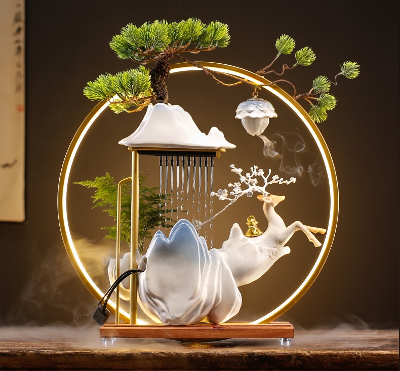 Thác nước thác khói trầm hương phong thủy cao cấp hình hươu cam, Quà Tặng để bàn đem lại may mắn, tài lộc