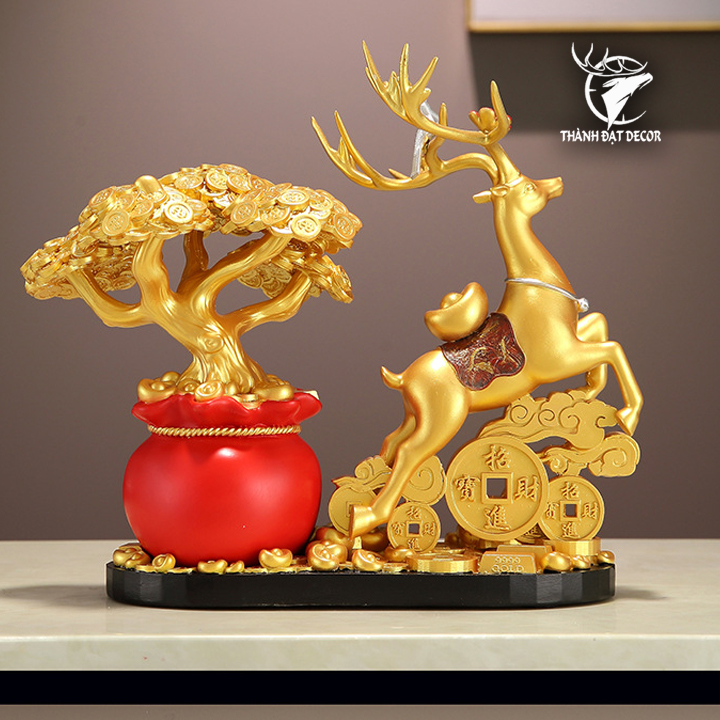Tượng Hươu Kéo Túi Tài Lộc 29x11x26cm – Trang Trí Sang Trọng, Biểu Tượng May Mắn Và Thành Công