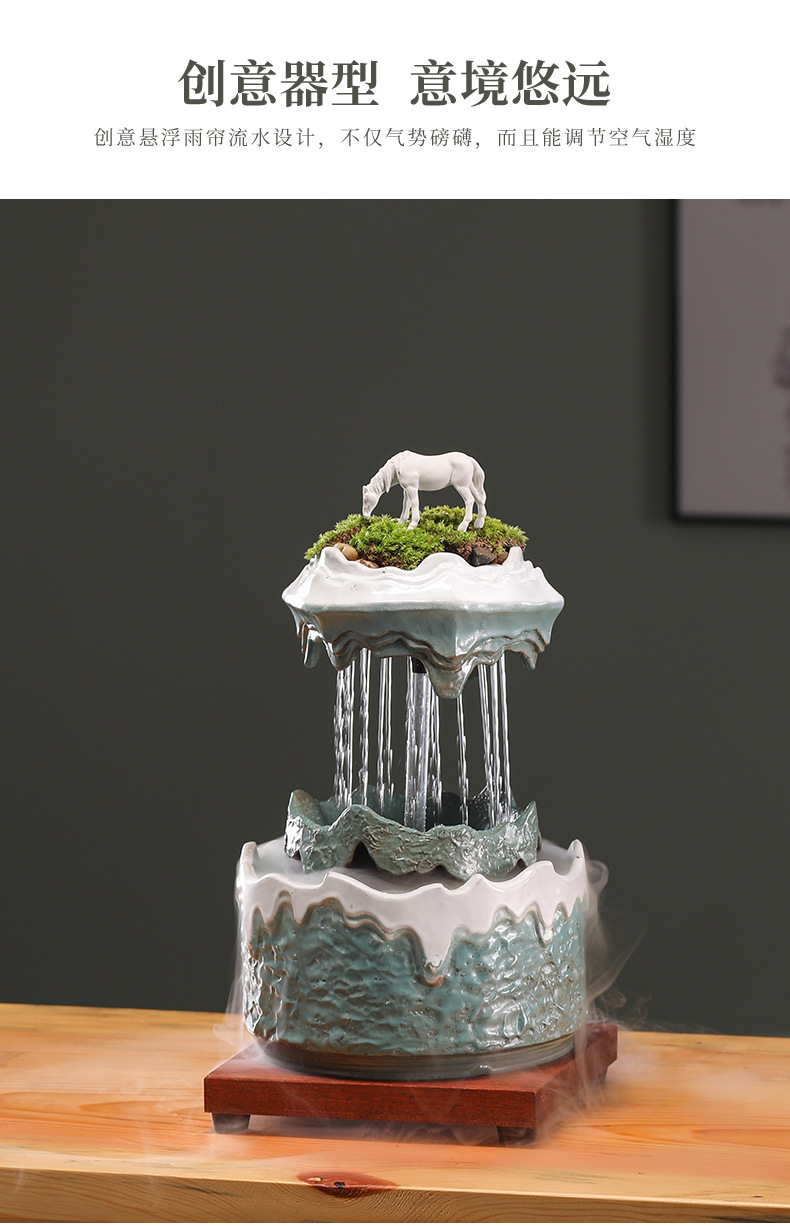 Thác Nước Mini Phong Thủy Gốm Sứ Có Cây Thật Tạo Sương Decor Phòng Khách quà tặng tân gia khai trương