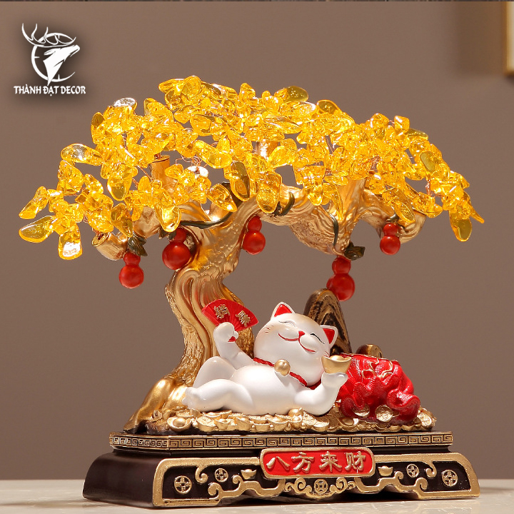 Tượng Phong Thủy Cây Tiền Mèo Tài Lộc,Decor Trang Trí Nhà Cửa Quà Tặng Tân Gia Khai Trương Sinh Nhật