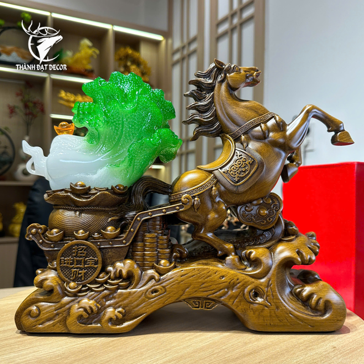Tượng Ngựa Màu Gỗ kéo bắp cải phong thủy 33x11x26cm, Quà Tặng Decor Tân Gia Khai Trương Sinh Nhật