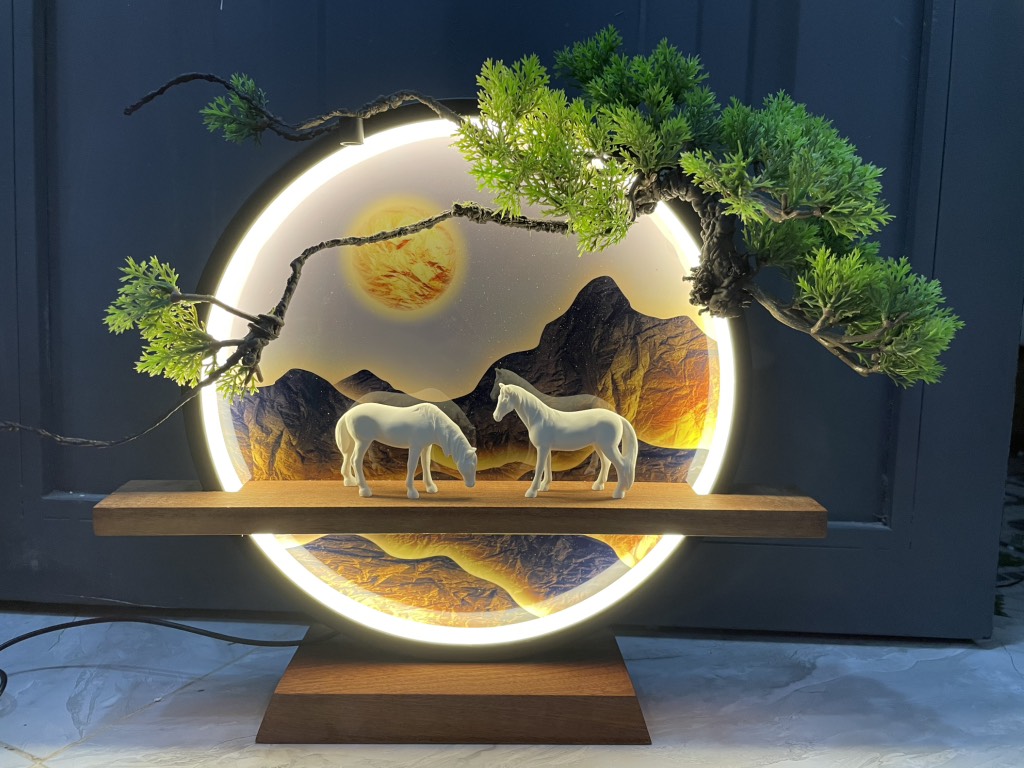 Kệ Gỗ Cảnh Núi Đế Thấp Đặt Tượng Trang Trí Có Đèn Led, Có Thể Đốt Trầm Hương, Quà Tặng Tân Gia Khai Trương Trang Trí Bàn