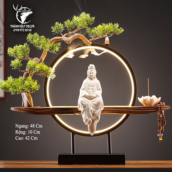 Bộ Kệ Gỗ Tượng Quan Âm Bằng Gốm Sứ Trang Trí Có Đèn Led , Có Thể Đốt Trầm Hương, Quà Tặng Tân Gia Khai Trương