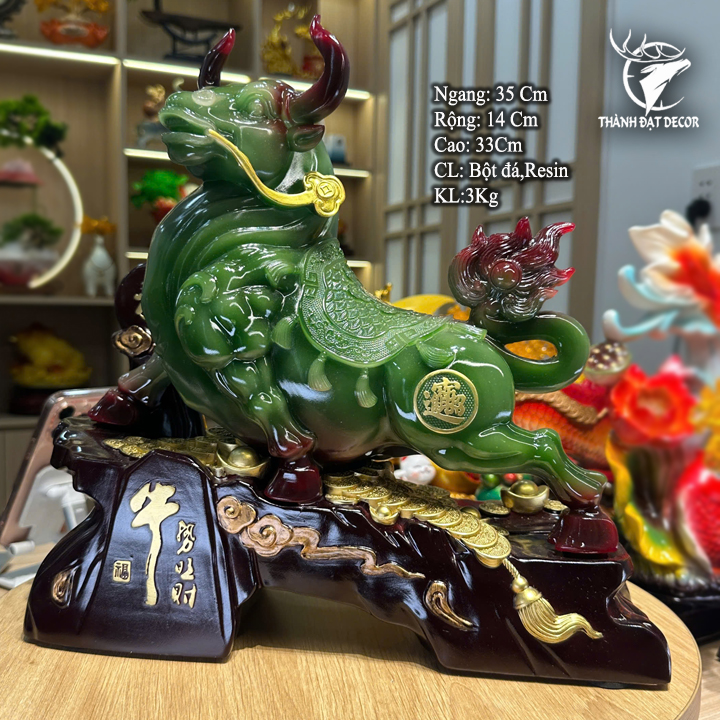 Tượng Trâu Xanh Ngọc Chiêu Tài 35x14x33cm - 3Kg, Decor Phong Thuỷ tuổi Sửu, quà tặng tân gia khai trương