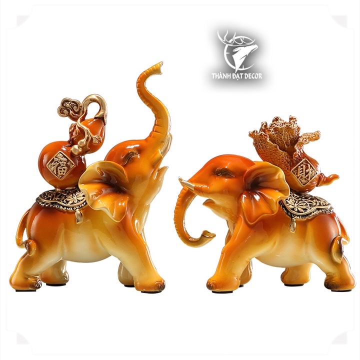 Cặp Tượng Voi Vàng Cưỡi Hồ Lô Bắp Cải Phong Thủy, Trang Trí, Quà Tặng Tân Gia, Khai Trương Sinh Nhật