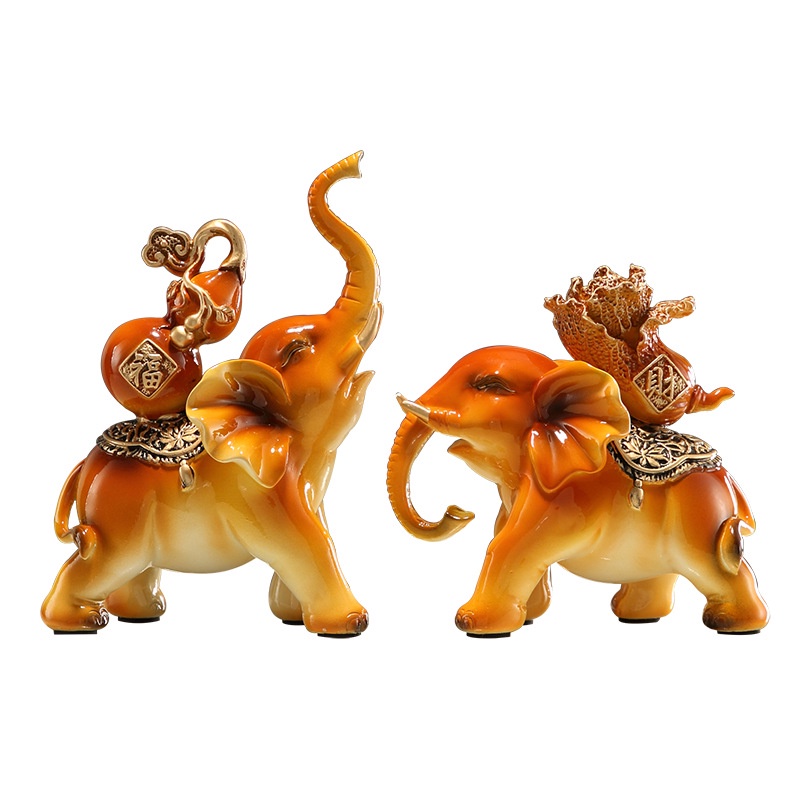 Cặp Tượng Voi Vàng Cưỡi Hồ Lô Bắp Cải Phong Thủy, Trang Trí, Quà Tặng Tân Gia, Khai Trương Sinh Nhật
