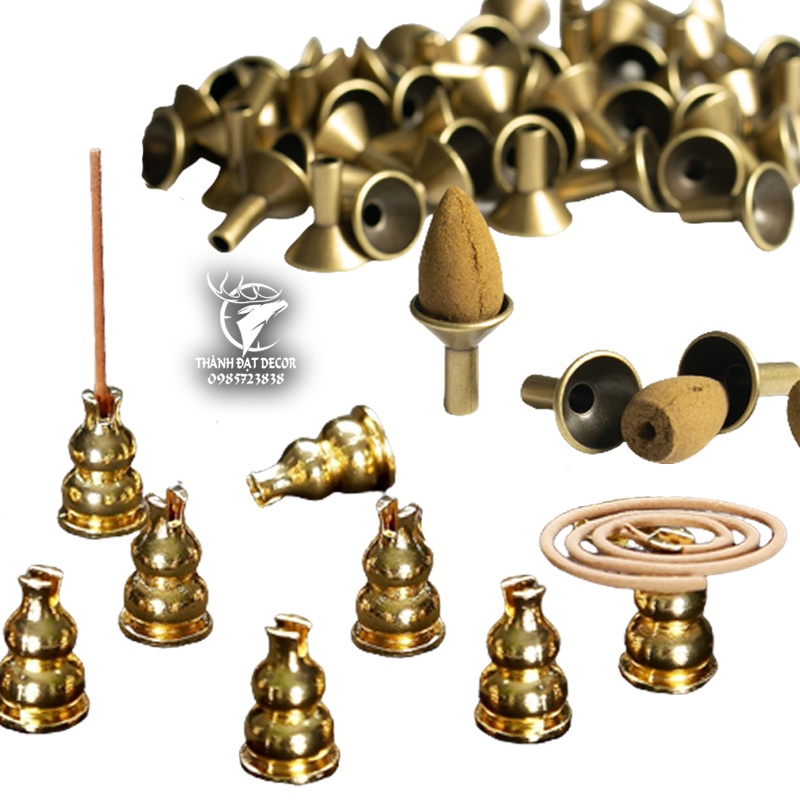Đế Trụ Đồng Đặt Nụ Trầm Thác Khói, Cắm Nhang Vòng Và Nhang Cây Thắp Hương, Phụ Kiện Để Lư Trầm Vòng Đèn