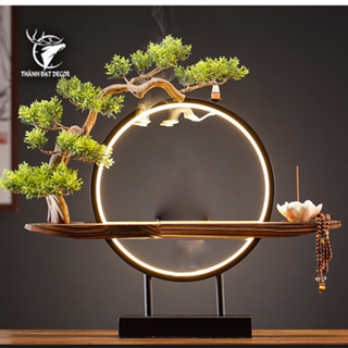 Bộ Kệ Gỗ Tượng Quan Âm Bằng Gốm Sứ Trang Trí Có Đèn Led , Có Thể Đốt Trầm Hương, Quà Tặng Tân Gia Khai Trương