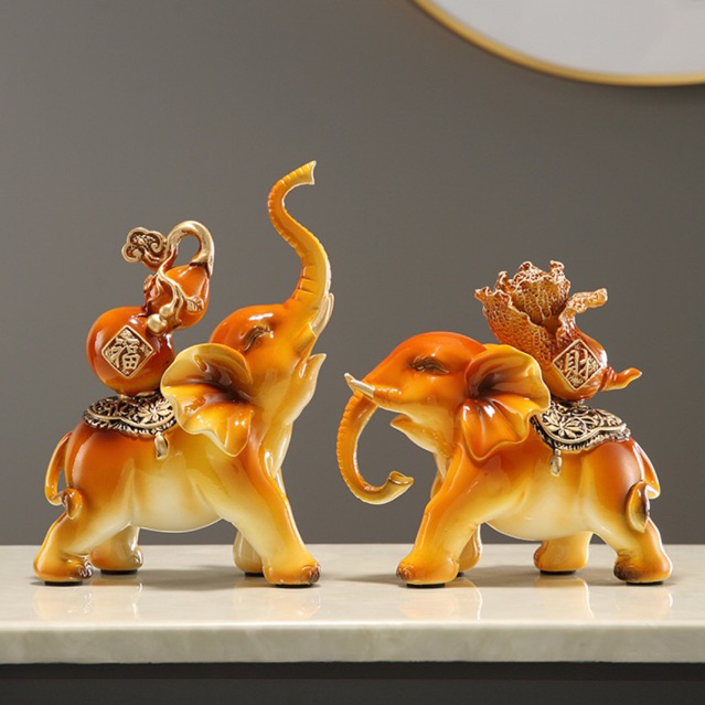 Cặp Tượng Voi Vàng Cưỡi Hồ Lô Bắp Cải Phong Thủy, Trang Trí, Quà Tặng Tân Gia, Khai Trương Sinh Nhật