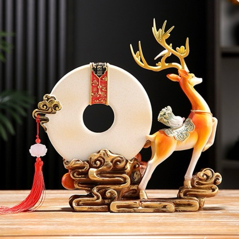 Tượng Decor Hươu Kéo Hồ Lô Ngũ Phúc Đĩa Như Ý Phong Thủy,  Quà Tặng Tân Gia Khai Trương Sinh Nhật